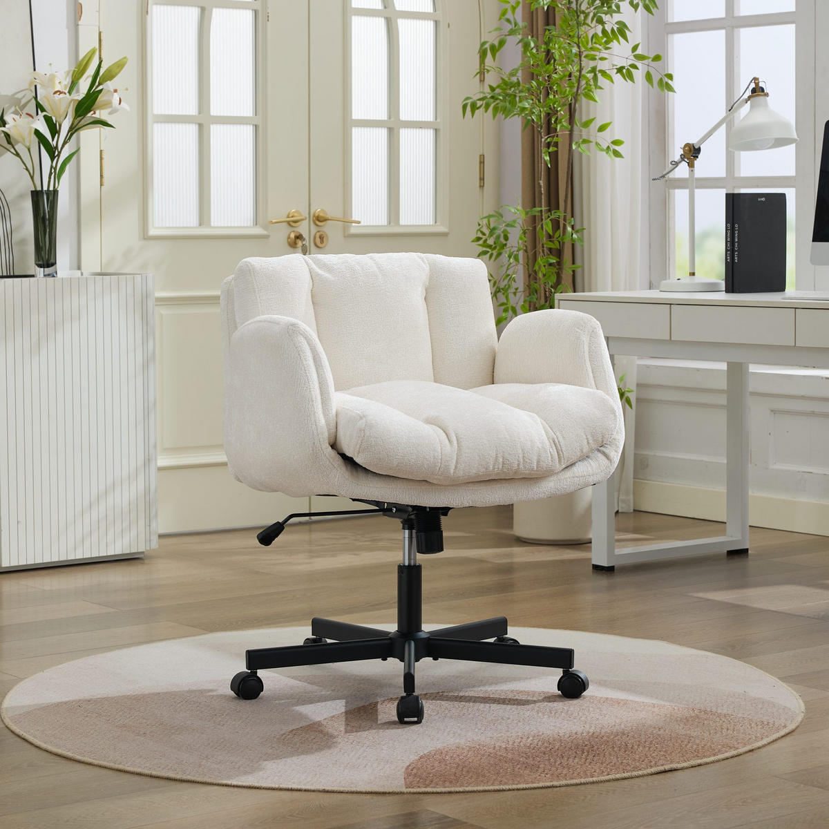 DREHSTUHL DE-40969 mit Chenille-Bezug und klappbaren Armlehnen Creme - Beige, Metall (57.5/92.5/60cm) - ComfortXL