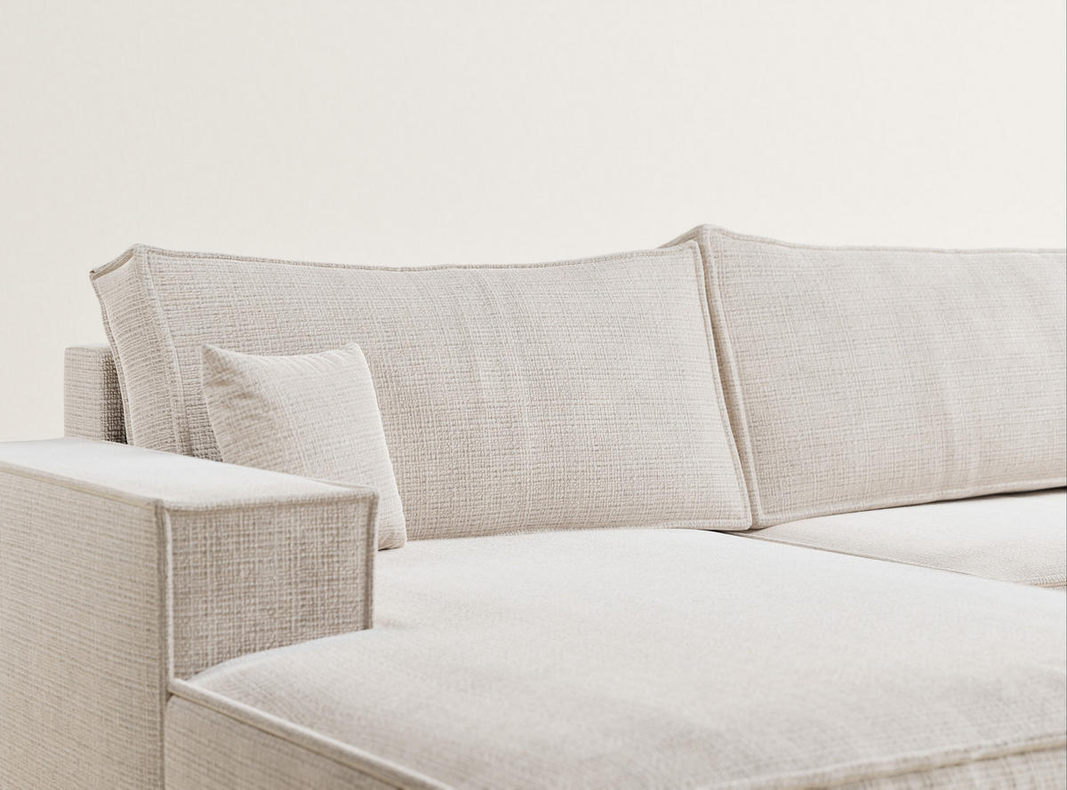 WOHNLANDSCHAFT Kyoto Creme Chenille-Stoff - Creme/Schwarz, Holz/Holzwerkstoff (398/70/148cm) - Maison de Reve