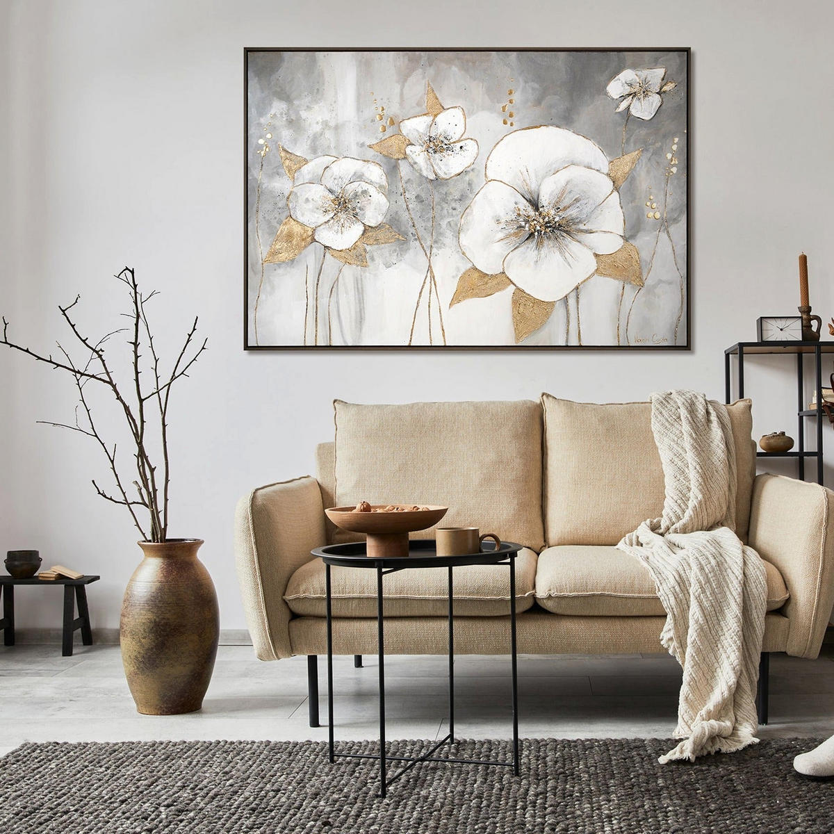 GEMÄLDE Goldene Blüten Schattenfugenrahmen Grau 120x80 cm - Grau, Holz (120/80cm) - YS-art gallery