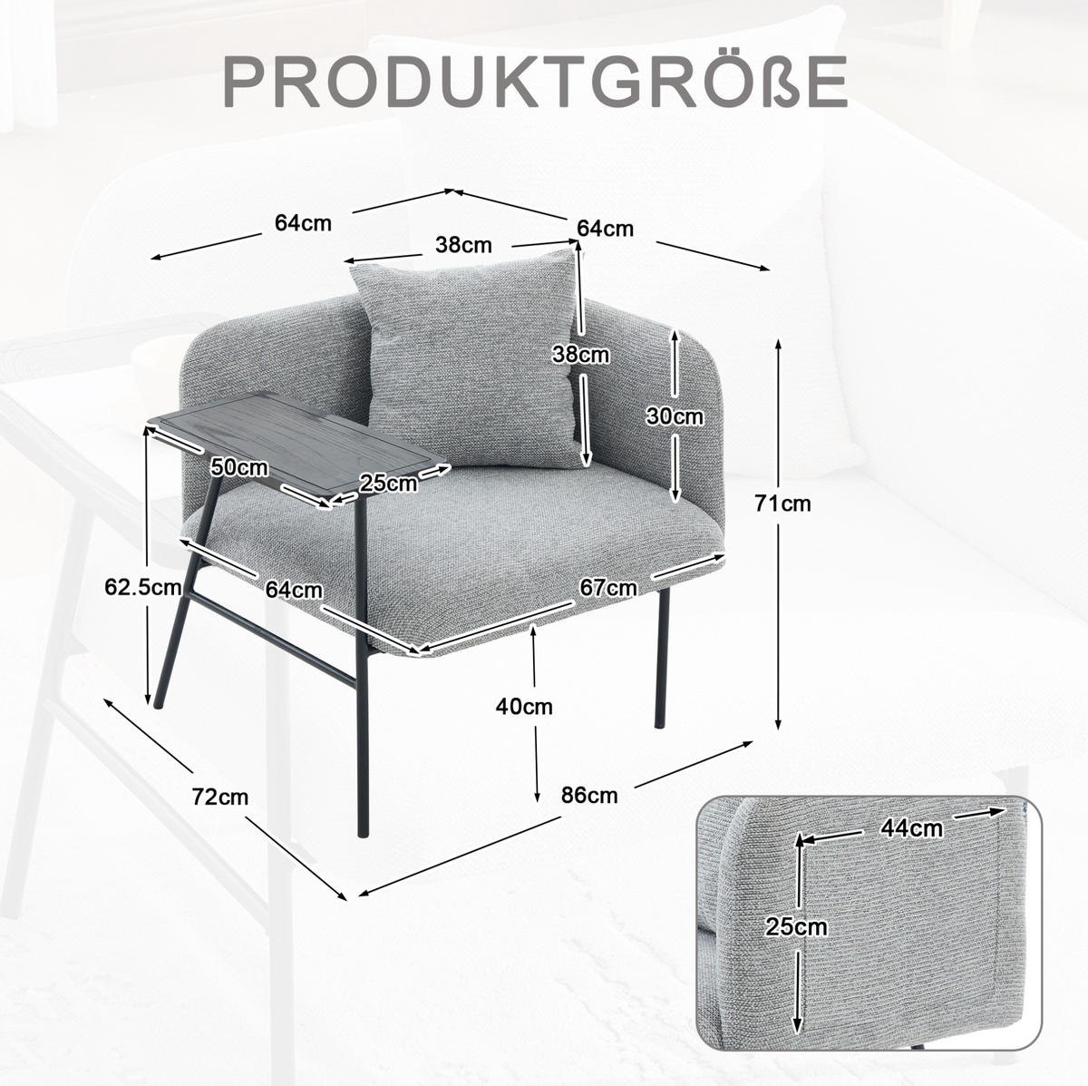 SESSEL 86/72/71 cm grau aus Chenille mit Beistelltisch - Grau, Textil (72/71/86cm) - OKWISH