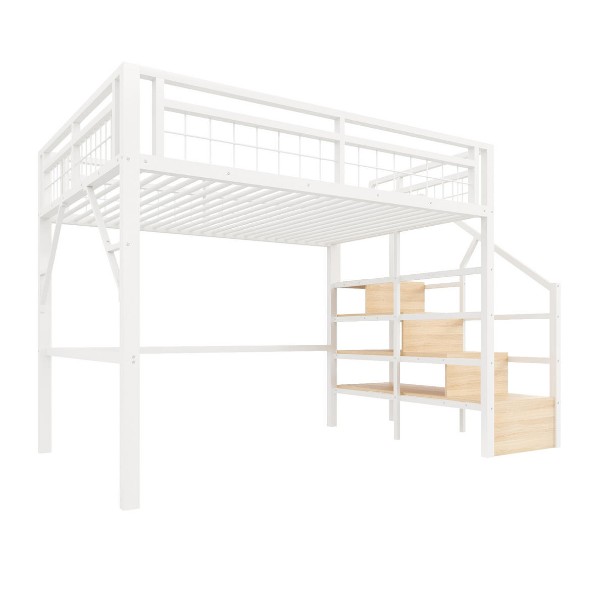 HOCHBETT 140/200 cm Weiß mit LED-Lichtleiste und Stauraumtreppe - Weiß, Metall (140/200cm) - Oxeza