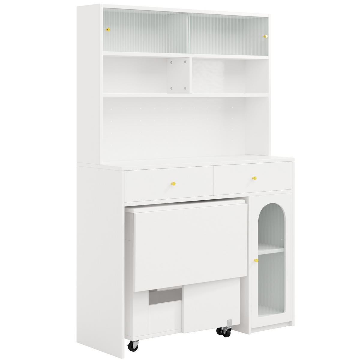 BUFFET aus MDF 120x45x180 cm / 120x75x75 cm Weiß mit klappbarem Esstisch, Rollen und Stauraum - Weiß, Holzwerkstoff (120/180/45cm) - Modfu