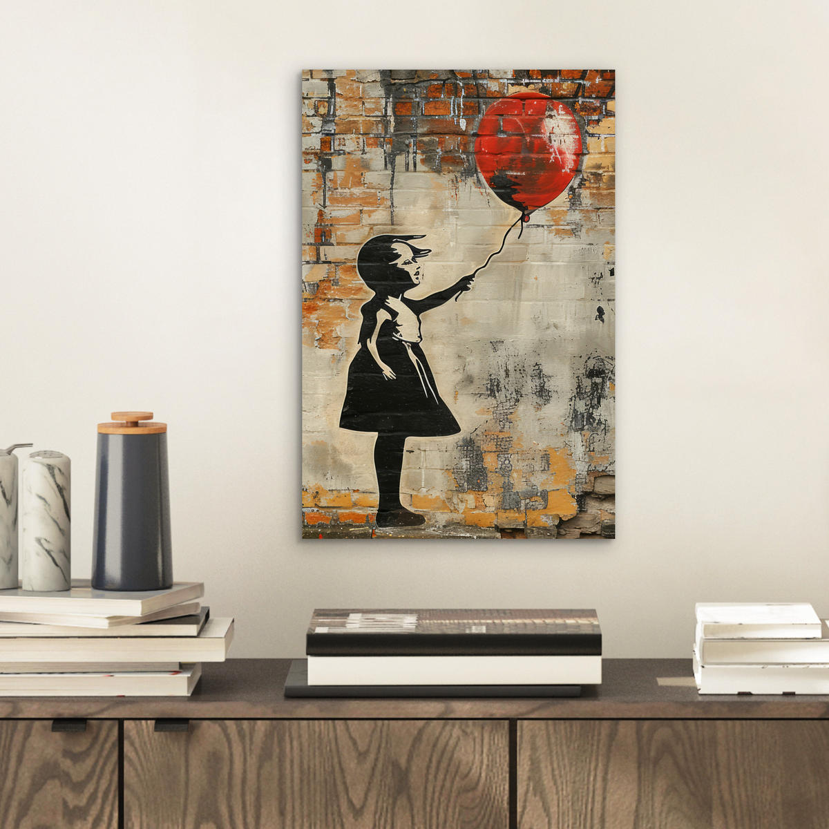 KOVOVÝ OBRAZ Graffiti - Banksy - Dievča - Street art 20x30 cm - piesková, kov (20/30cm) - MuchoWow