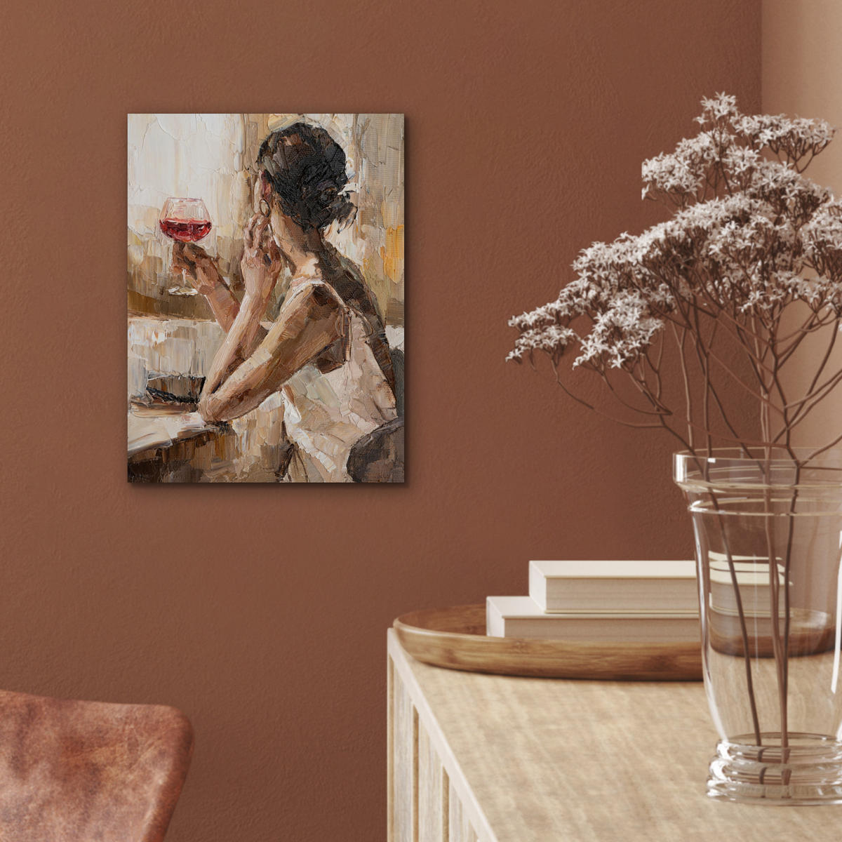 KOVOVÝ OBRAZ Olejomaľba - Žena - Víno 30x40 cm - svetlohnedá, kov (30/40cm) - MuchoWow