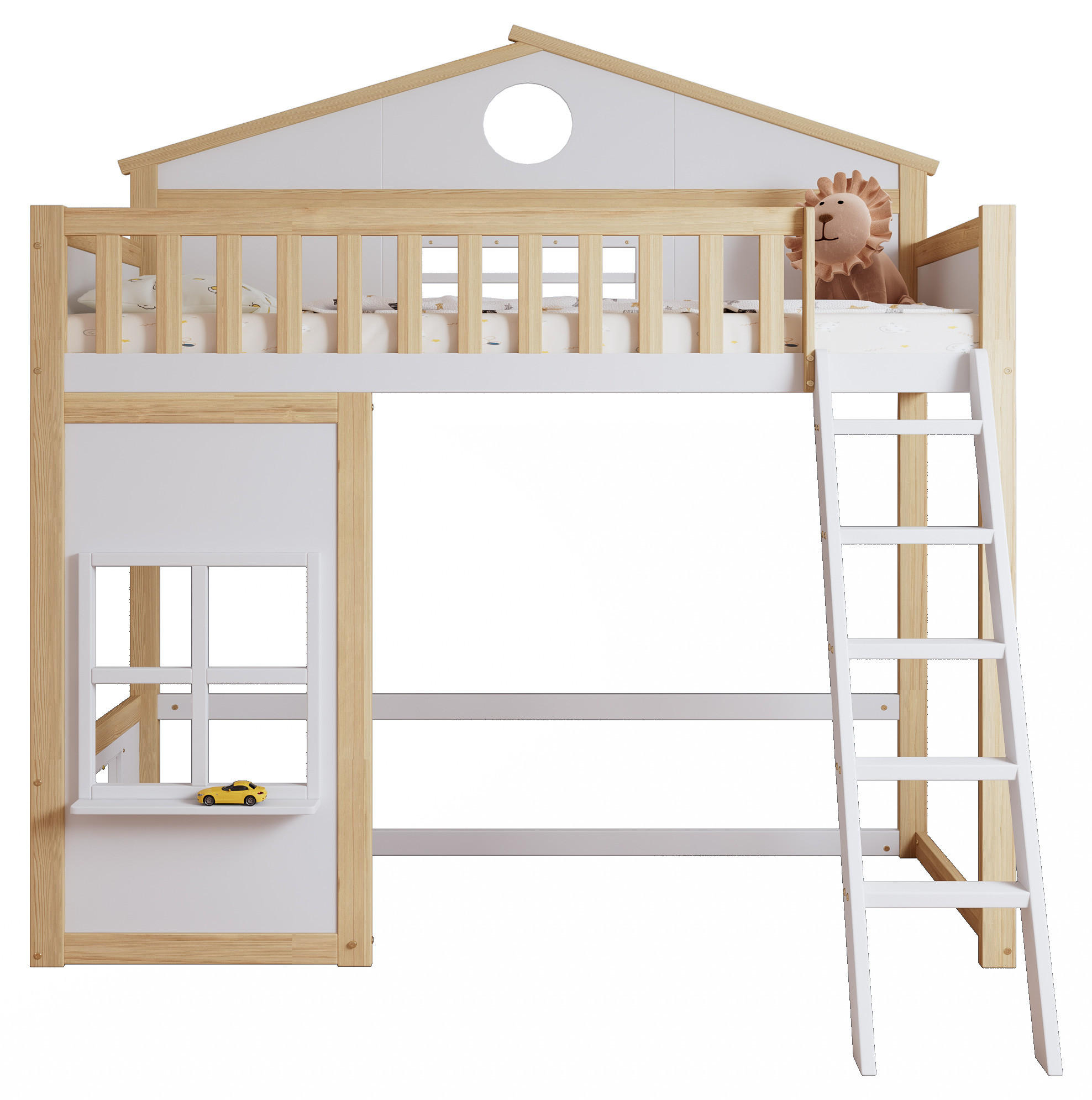ETAGENBETT 90/200 cm Weiß Natur mit Treppe, Dach und Fenstern - Weiß, Holz (90/200cm) - MIVRAY