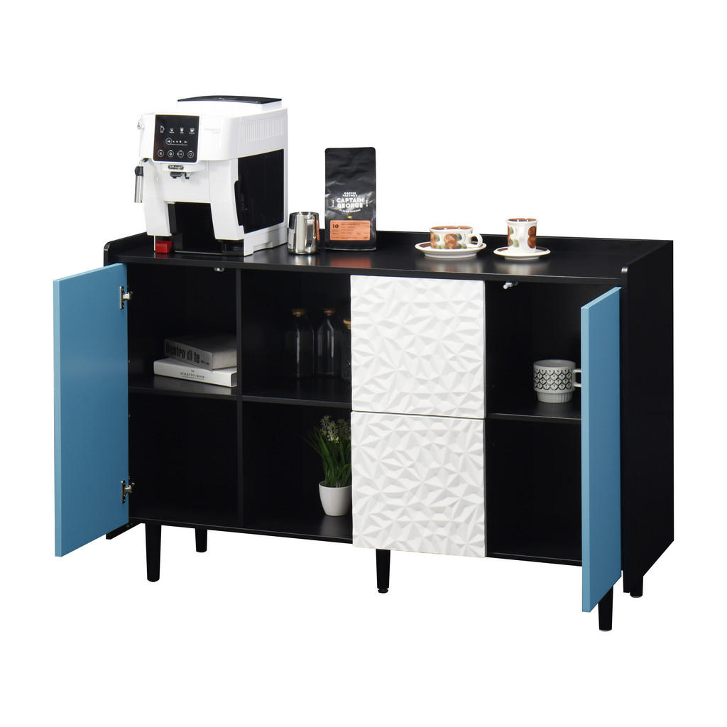 Modfu PŘÍBORNÍK z MDF 120x80x40 cm černá/modrá se 2 zásuvkami, skříňkou a otevřenými policemi
