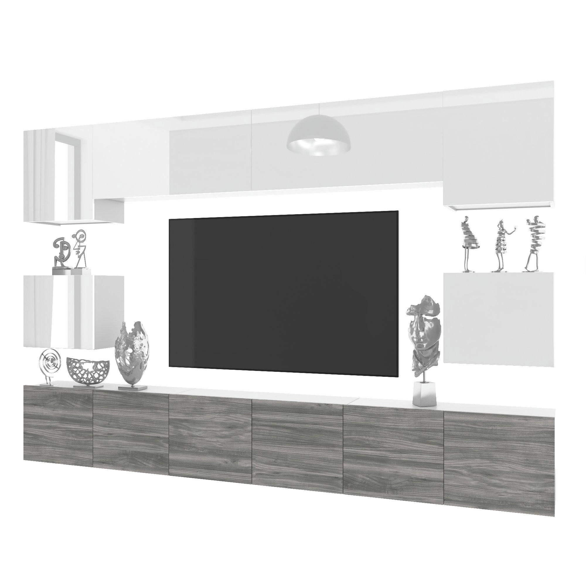 B BELINI GROUP OBÝVACÍ STĚNA Milano 3, Bílá lesklá / Šedá matná, 300 cm, Bezúchytková