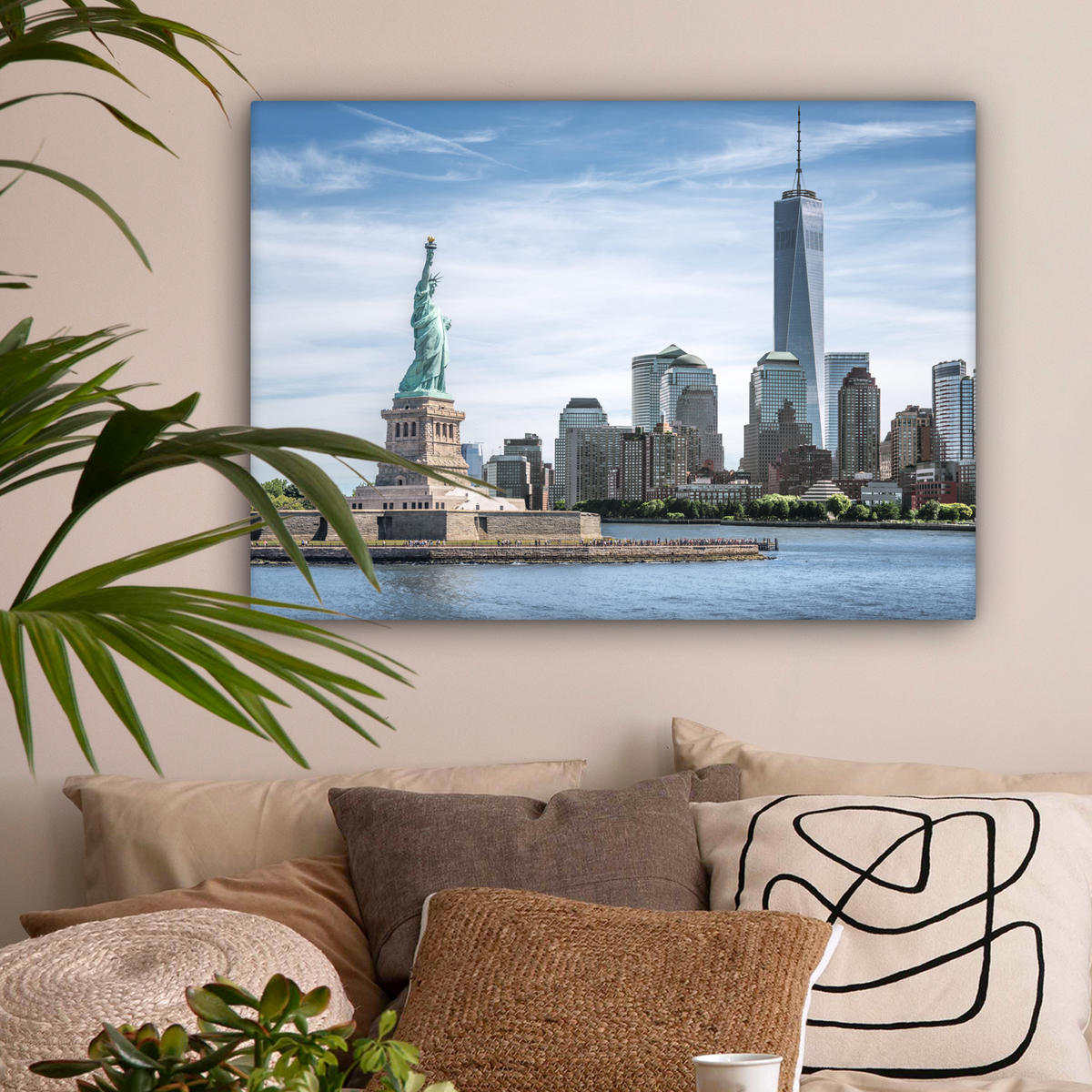LEINWANDBILD New York - Freiheitsstatue - Wasser Wandbilder 80x60 cm - Hellblau, Textil (80/60cm) - MuchoWow