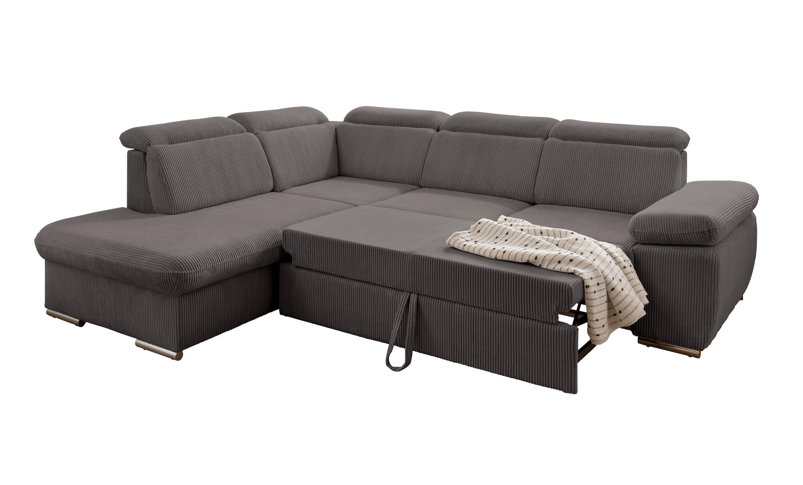ECKSOFA mit Schlaffunktion, Bettkasten, Kopfstützen verstellbar, Wellenunterfederung, Ottomane links B283/T228/H102 cm, Cord Grau Anthrazit / 17219 - Chromfarben/Schieferfarben, Textil/Metall (283/228cm) - luma-home