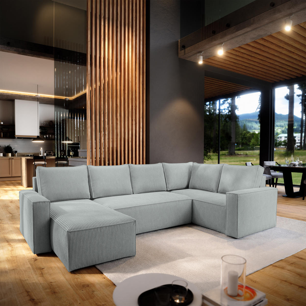 WOHNLANDSCHAFT NORENA R-S Hellgrau Kordstoff mit Schlaffunktion - Hellgrau, Holz (295/85/157.5cm) - MASSENO