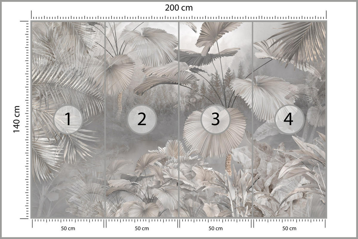 FOTOTAPETE für Wohnzimmer Tropische Blätter Dschungel Palmen Grau 200x140 - Beige/Grau, Papier (200/140cm) - Muralo