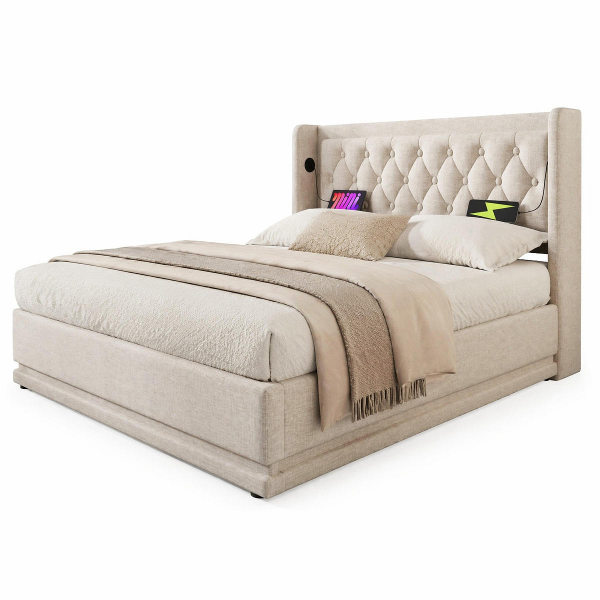 POLSTERBETT 140/200 cm in Beige mit Bettkasten, LED, USB und Type-C - Beige, Holzwerkstoff/Textil (140/200cm) - CHICFURN