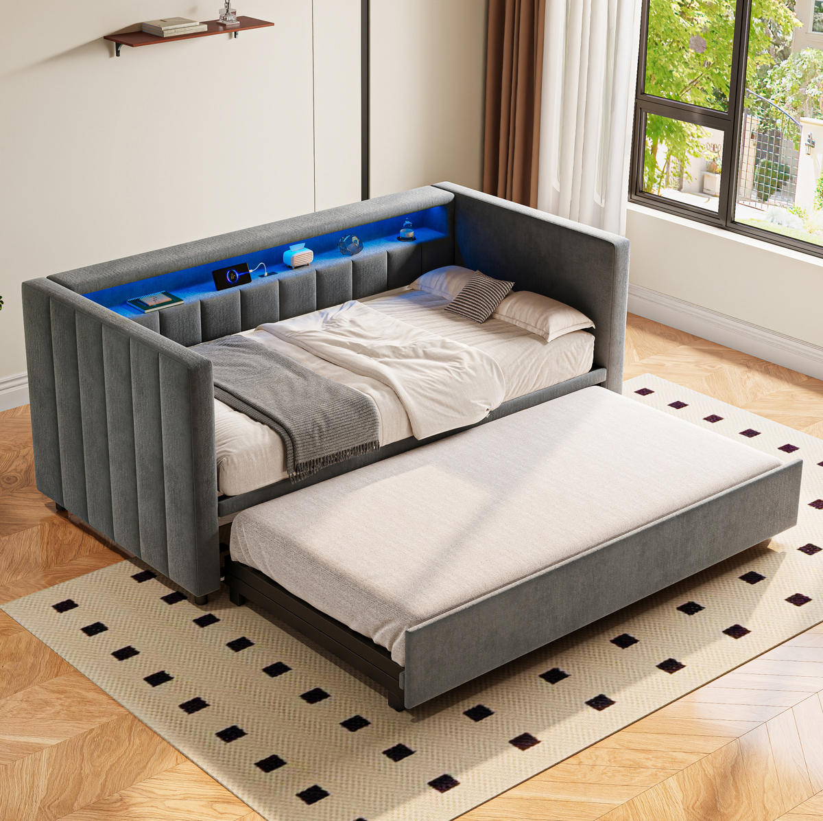 BETT mit Stauraum & Ausziehbett mit USB-C Anschluss und LED-Beleuchtung Beige 196/82-144/85 cm - Dunkelgrau, Textil - OKWISH