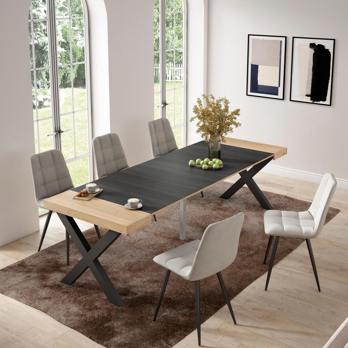 KONSOLENTISCH ausziehbar 58 bis 262cm, für 12 Gäste, eiche, schwarz, 90/58/73cm - Eichefarben/Schwarz, Holzwerkstoff (90/262/73cm) - Skraut Home