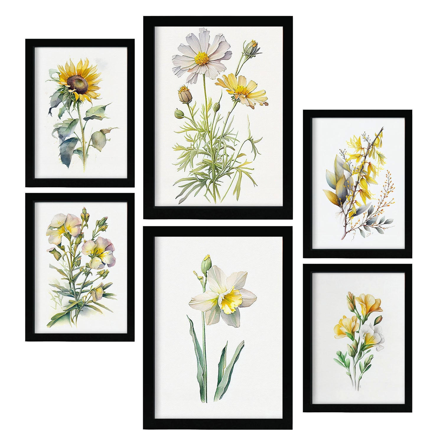 POSTER Set Mit 6 Gelbe Blumen Vollfarbige Natur Und Botanikdrucke Mit Blumenmotiven Auf Reinweißen Hintergründen A3 & A4 Schwarzer Rahmen - Schwarz, Papier (29/3cm) - Nacnic