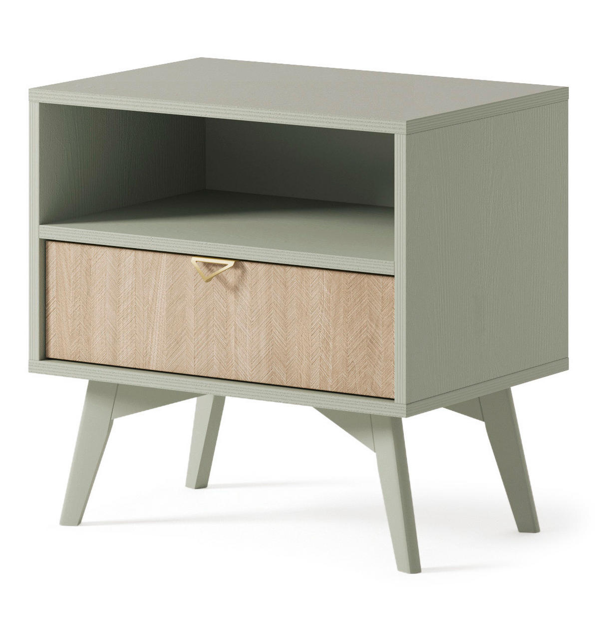 NACHTTISCH Silva in der Farbe Eukalyptus + Scandi-Fischgrätmuster mit Ablage und Schublade - Goldfarben/Grün, Holz/Holzwerkstoff (54/54/38cm) - Ravio