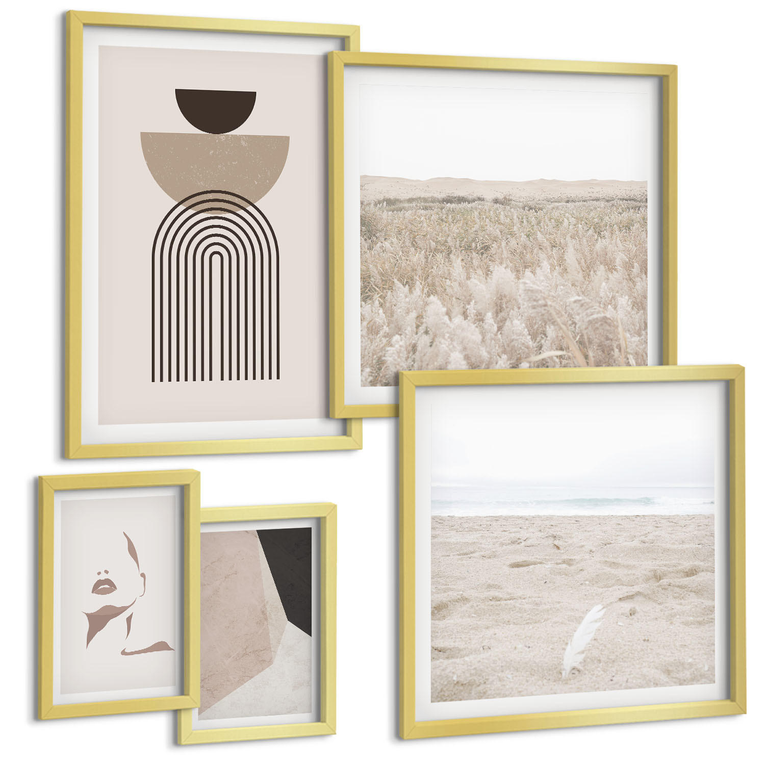 BILDER SET 5er Set - 50x50 cm & 20x30 cm & 40x60 cm Goldrahmen - Abstrakte weiß-braune Muster - Goldfarben, Kunststoff (40/60cm) - TULUP