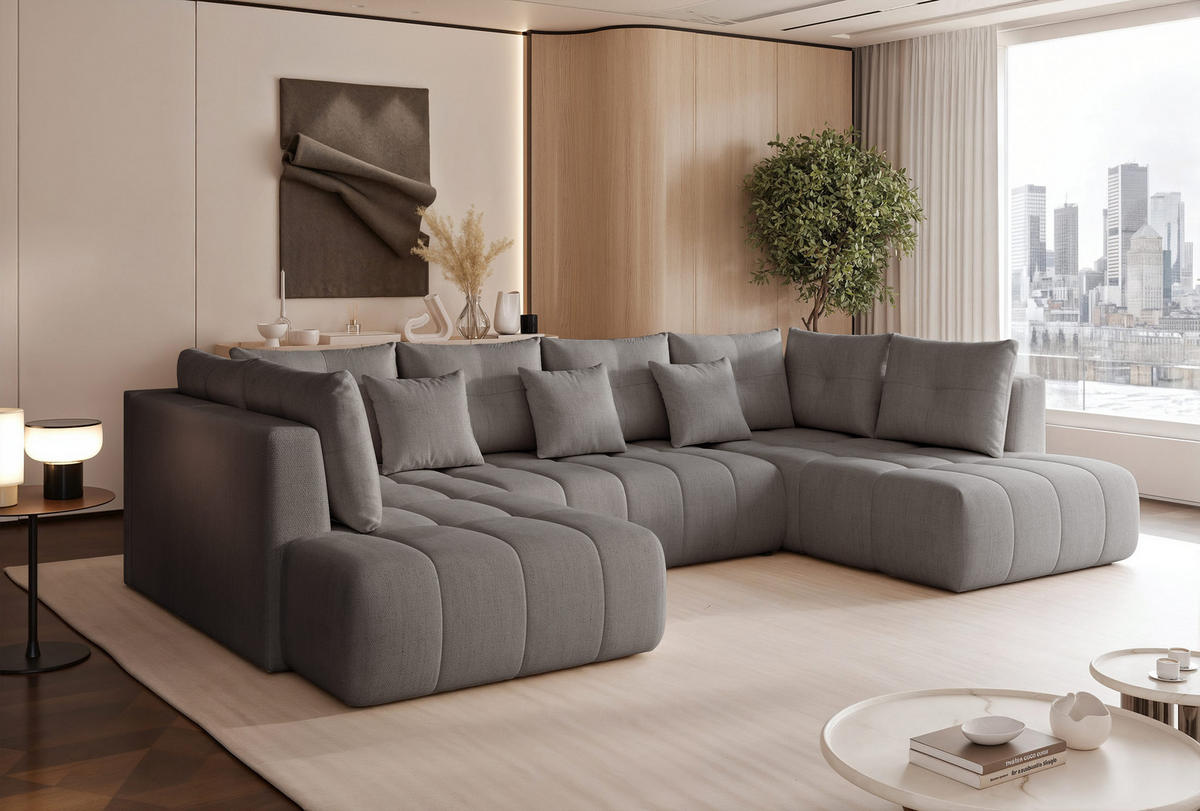WOHNLANDSCHAFT STONE mit Schlaffunktion und Bettkasten, Stoff Grau - Dunkelgrau, Kunststoff/Textil (350/91/190cm) - Idohome