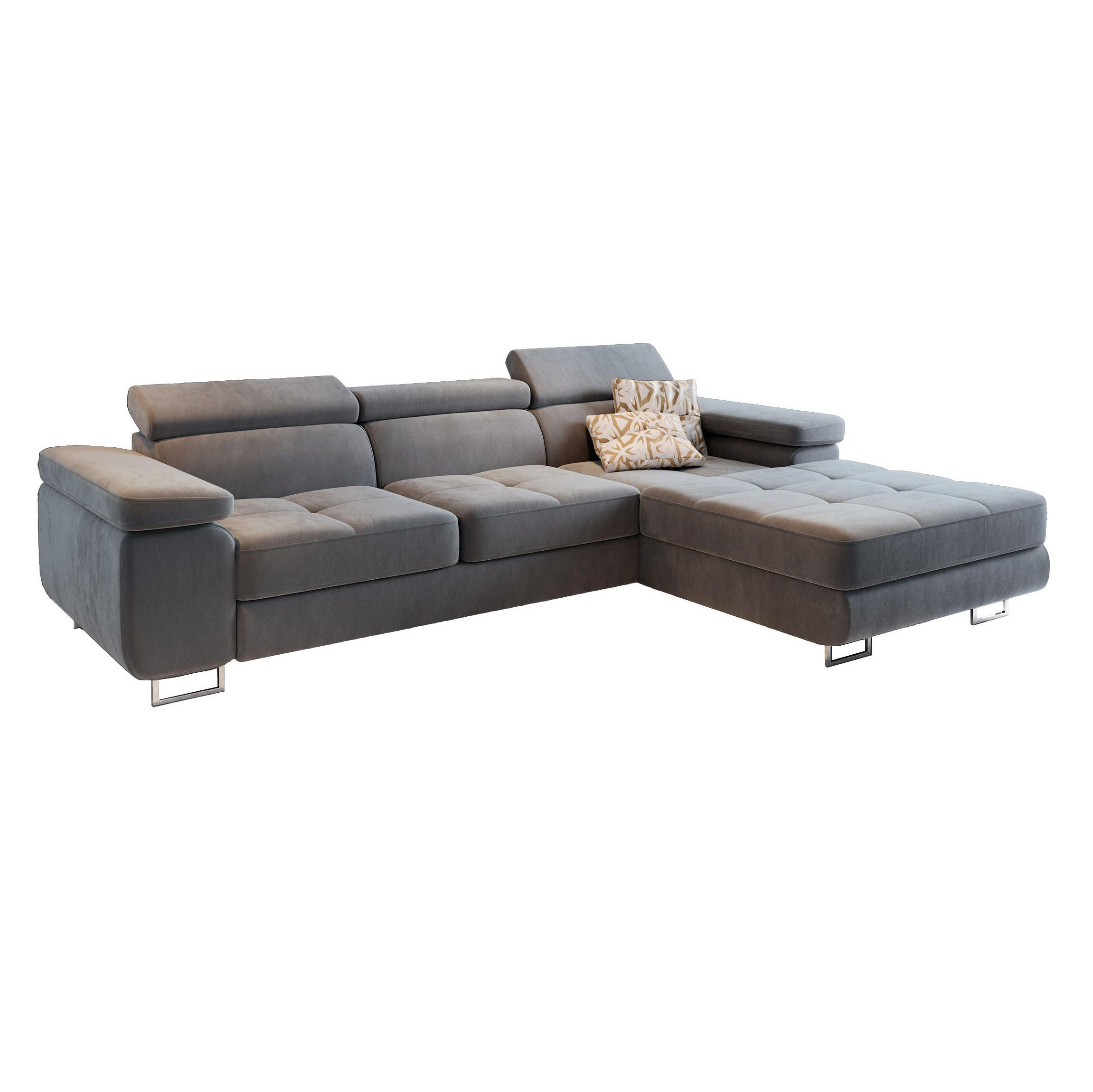 ECKSOFA ELMA R-S Hellgrau Velours-Stoff mit Schlaffunktion - Hellgrau, Holz (280/205cm) - MASSENO