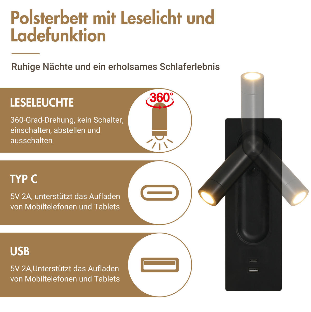 POLSTERBETT 180/200 cm mit Leselampe, USB-C, Stauraum und Wellenkopfteil, Leinen, Grau - Grau, Textil (180/200cm) - Redom