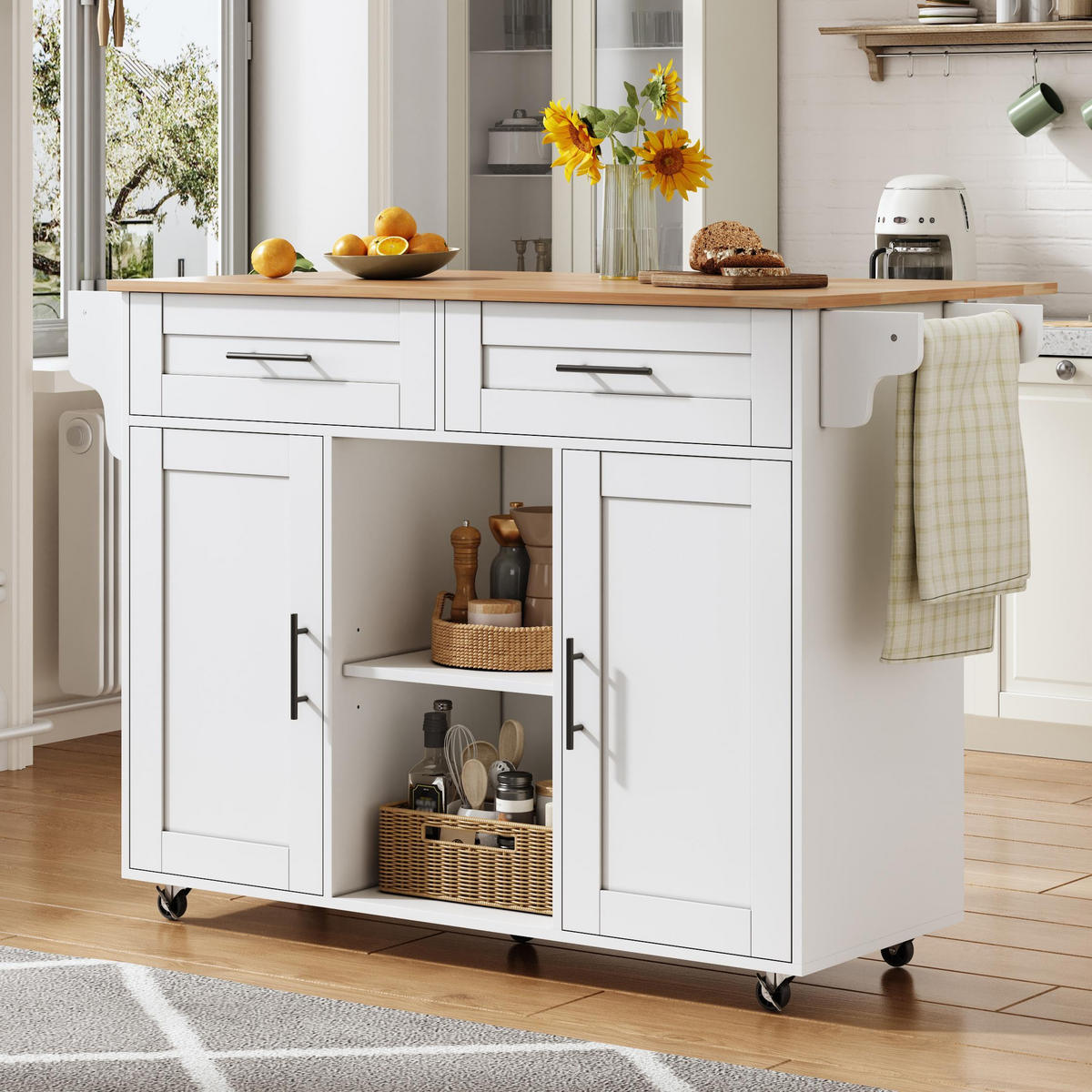 KÜCHENINSEL in Weiß Servierwagen mit klappbarer Arbeitsplatte und Schubladen für Küche und Wohnzimmer, B145/T45/H94.5 cm - Weiß, Holzwerkstoff (145/94.5/70cm) - STILVORA