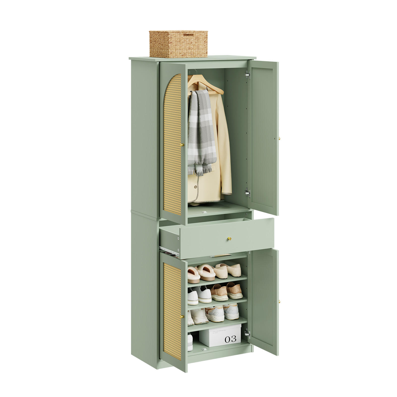 VSTUPNÁ skriňa s ratanovými vložkami a zásuvkou - zelená, kompozitné drevo (70/180/34cm) - SoBuy
