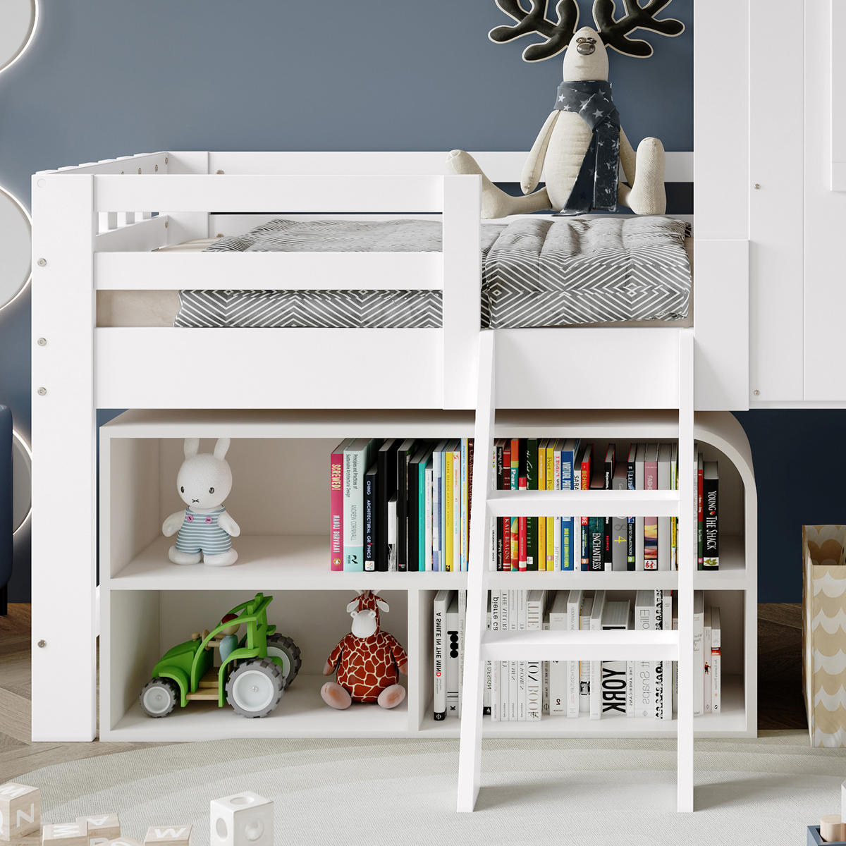 HAUSBETT 90/200 cm Weiß+Natur mit Dach, Fenster und Stauraum - Weiß, Holzwerkstoff (90/200cm) - OKWISH