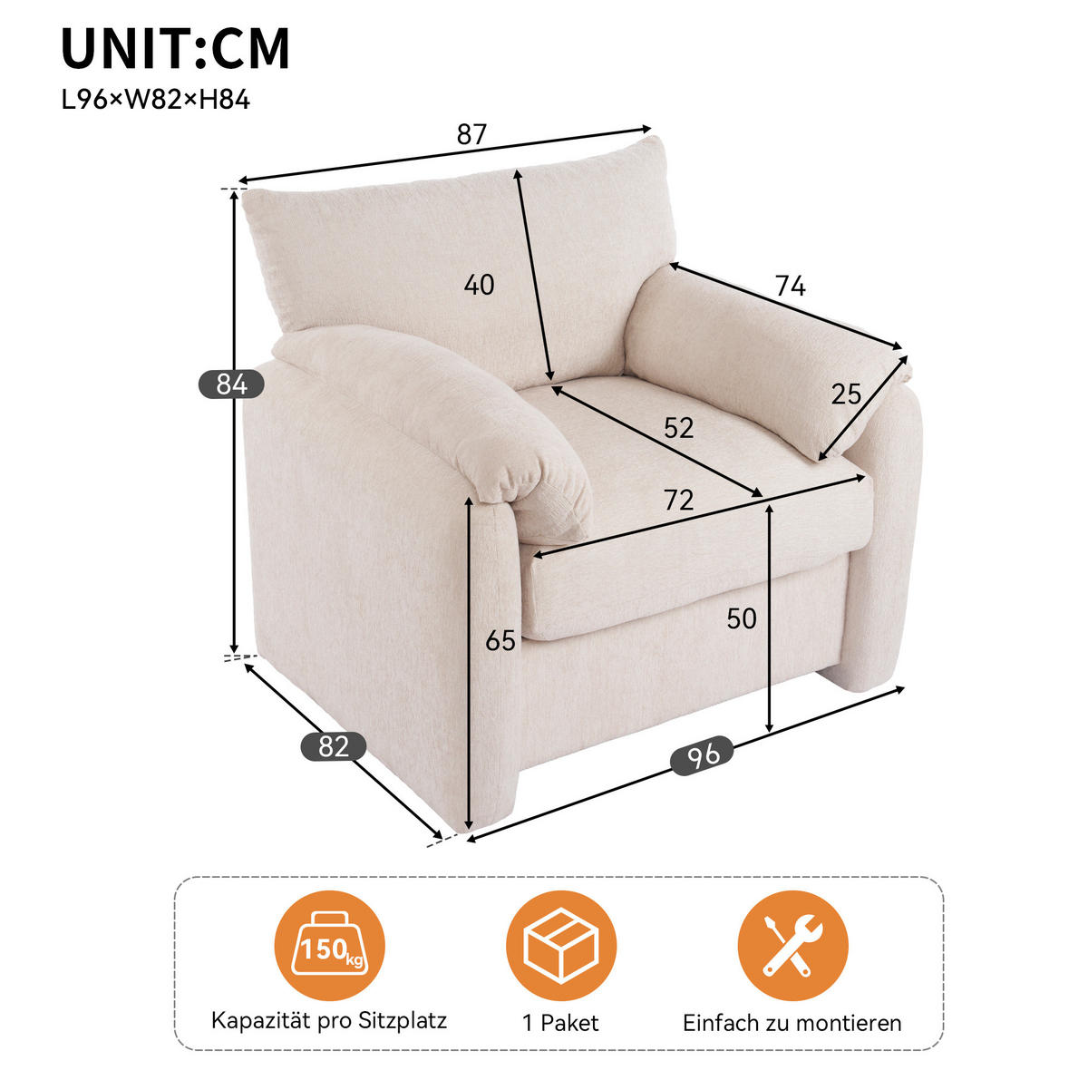 SESSEL mit Armlehnen 96 x 82 x 84 cm Chenille Beige - Beige, Holzwerkstoff (82/84/96cm) - Meubliv
