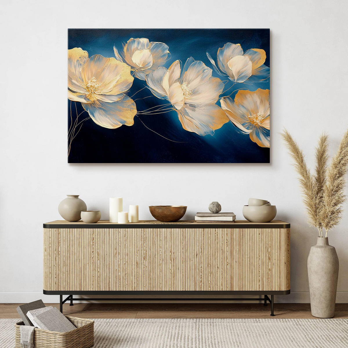 LEINWANDBILD für Schlafzimmer Blumen Pflanzen Natur Malarei 30cm x 20cm - Blau/Beige, Textil (30/20cm) - Muralo