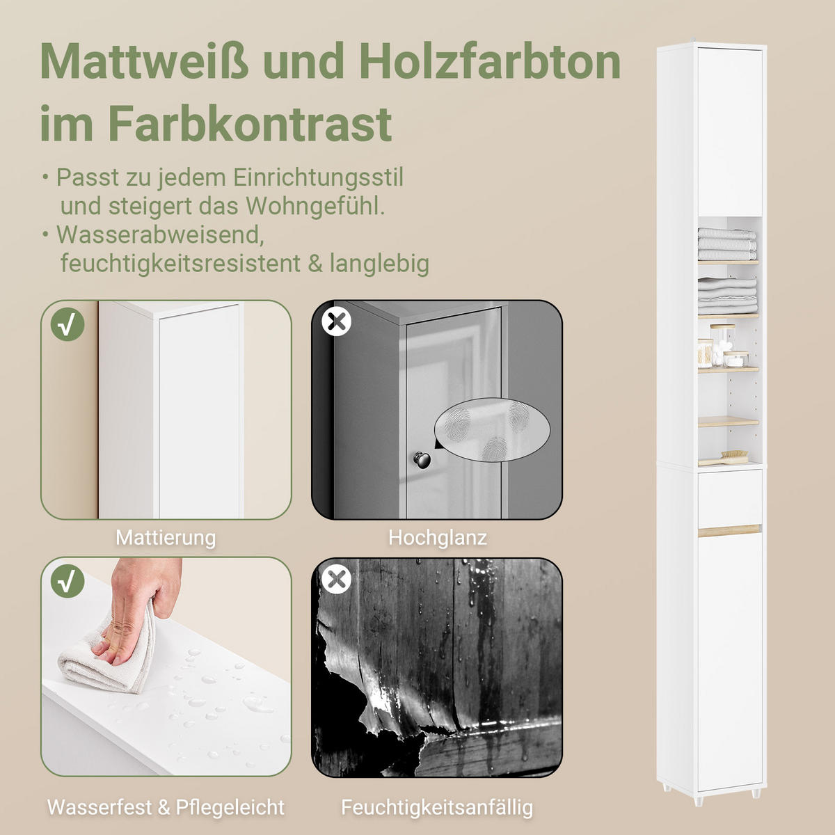 HOCHSCHRANK Schmal, Weiß-Natur, 20x180x20cm - Weiß/Naturfarben, Holzwerkstoff (20/180/20cm) - SoBuy