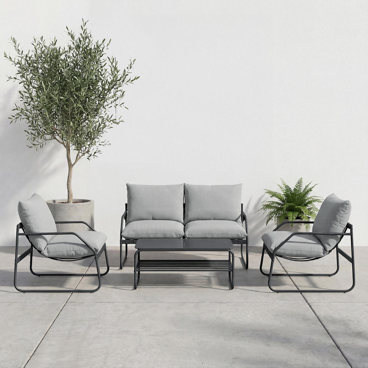 LOUNGEGRUPPE - 4-teilig - Stahl / Webstoff - Anthrazit, Glas/Textil - home24