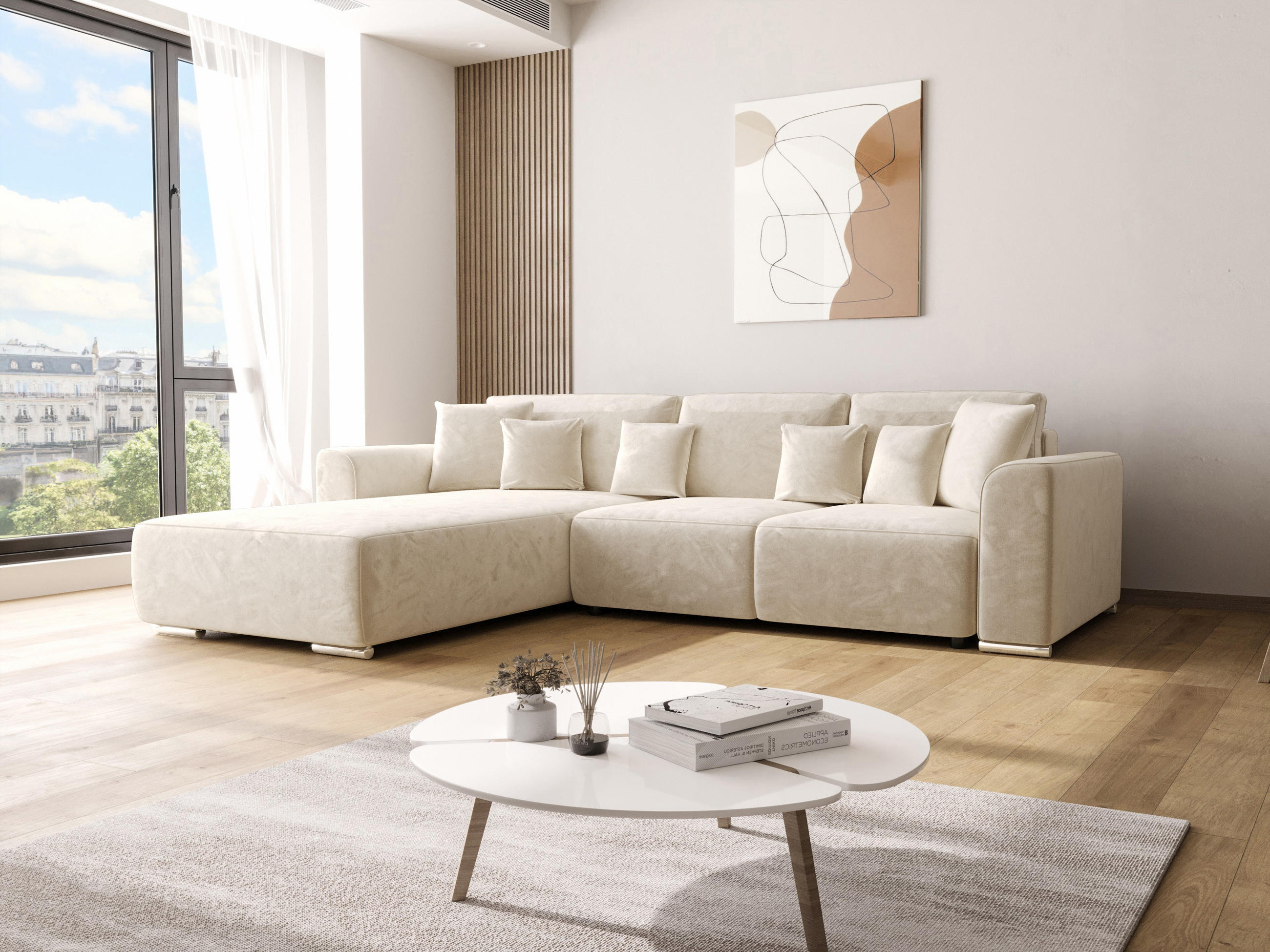 ECKSOFA GUSTO L Monolith 02 Links mit Schlaffunktion - Creme, Textil (279/193cm) - Bedante