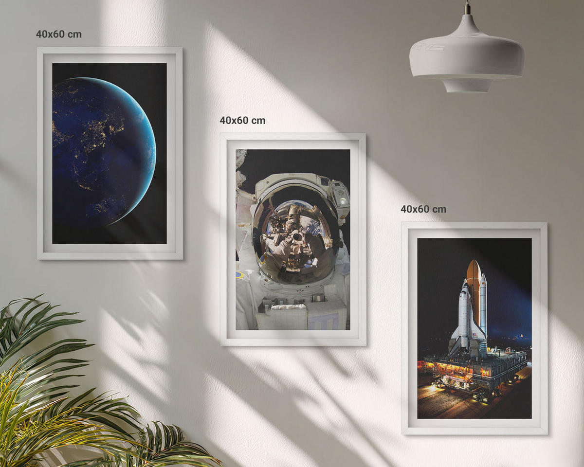 BILDER SET 3er Set - 40x60 cm Weißer Rahmen - Weltraum Erde Astronaut Rakete - Weiß, Kunststoff (40/60cm) - TULUP