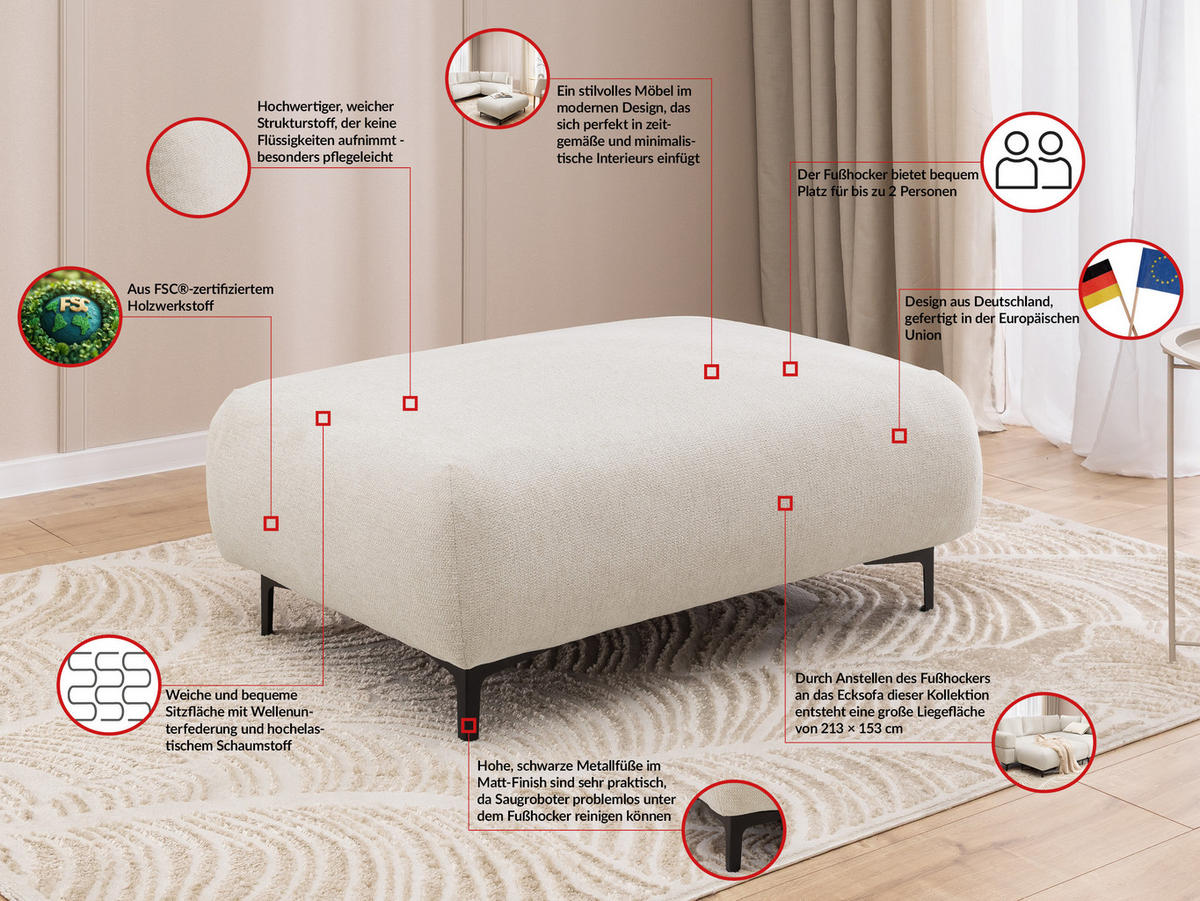 POLSTERHOCKER Cardea in Bubble-Optik aus weichem Creme Strukturstoff mit hohem Sitzkomfort - Creme/Schwarz, Holz/Textil (110/46/65cm) - S-Style Möbel