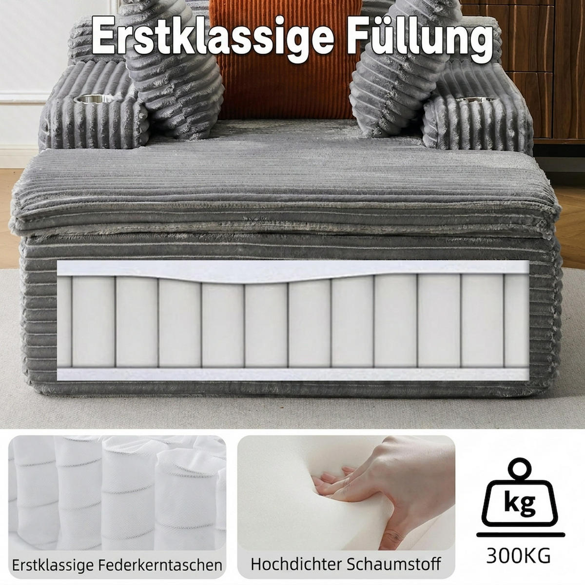 SCHLAFSOFA 165/112/63 cm Grau mit Chaiselongue, 3 Kissen und 1 Decke - Grau, Textil (112/63/165cm) - Oxeza