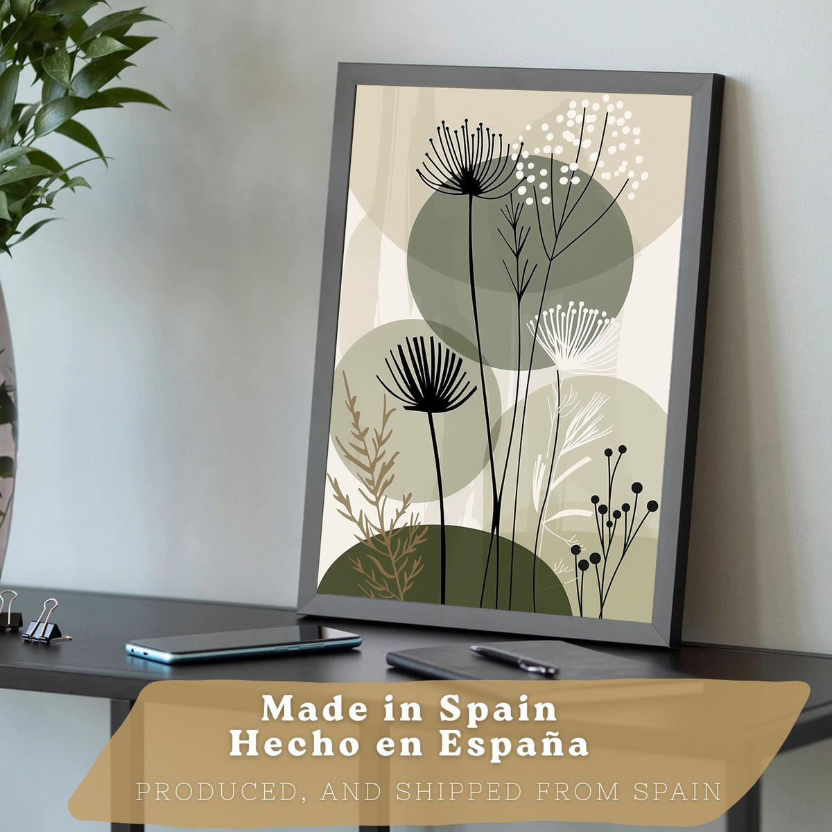 PLAKAT Sada 3 Zelené květy A3 Černý rám - černá, papír (29.7/1/42cm) - Nacnic