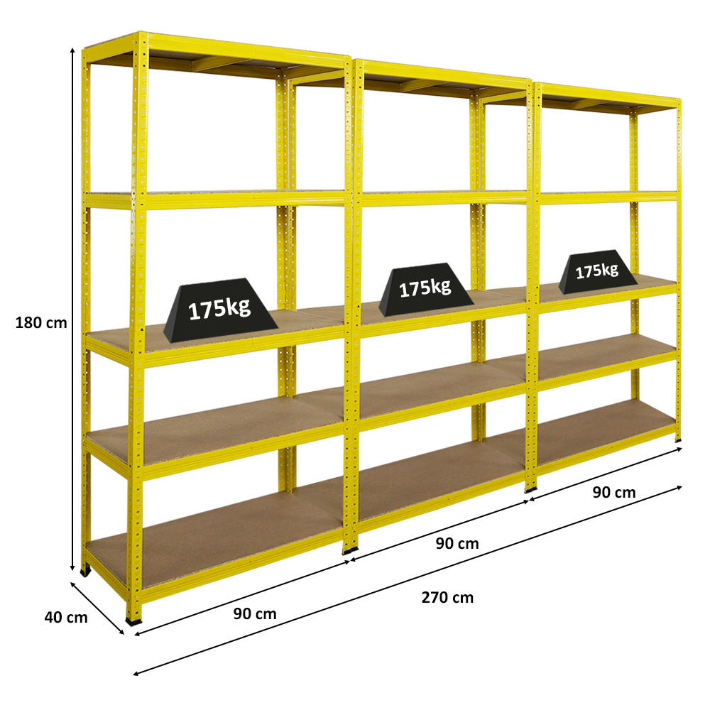 WOHNREGAL 3er YELLOW BEE Set, HxBxT 180x90x40cm, Fachlast 175kg, 5 Ebenen, Gelb - Gelb, Metall (270/180/40cm) - BERLINLODGE