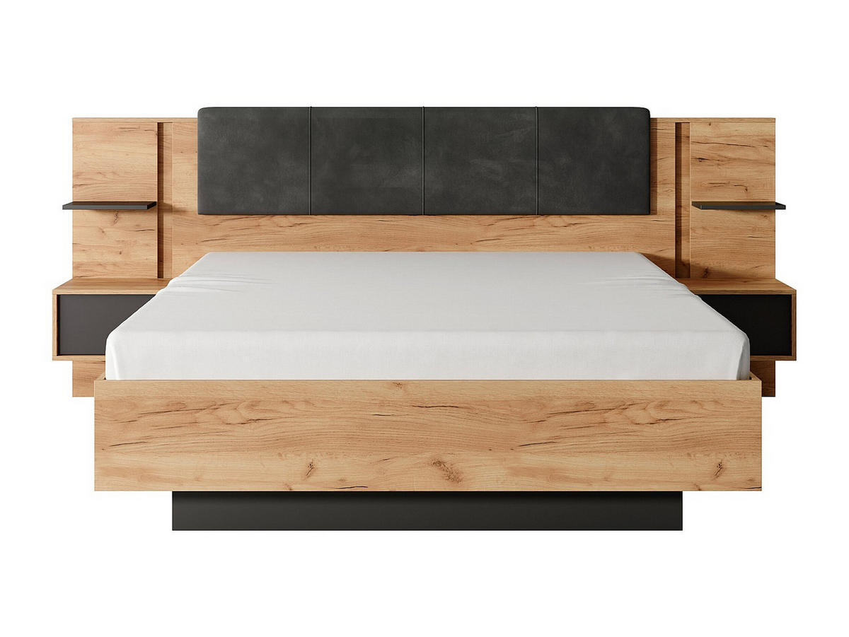 BETT mit Bettkasten - 2 Personen - stoff - anthrazitgrau, naturfarben hell Elynia - Anthrazit/Naturfarben, Holz/Holzwerkstoff (160/200cm) - Vente-Unique
