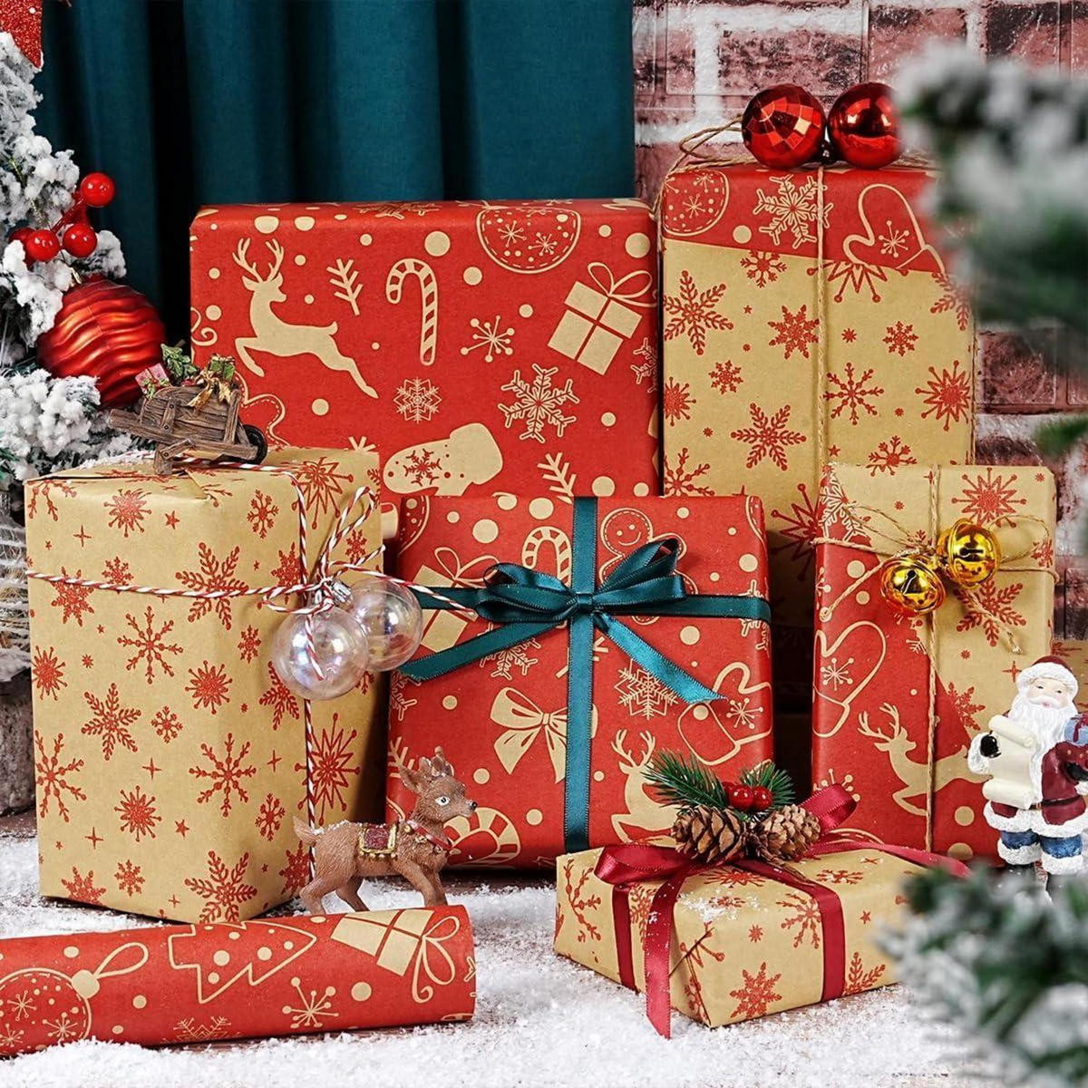 GESCHENKPAPIER Rolle Weihnachten Rot Braun 43 cm x 10 m - Multicolor, Papier (43/0.1/1000cm)