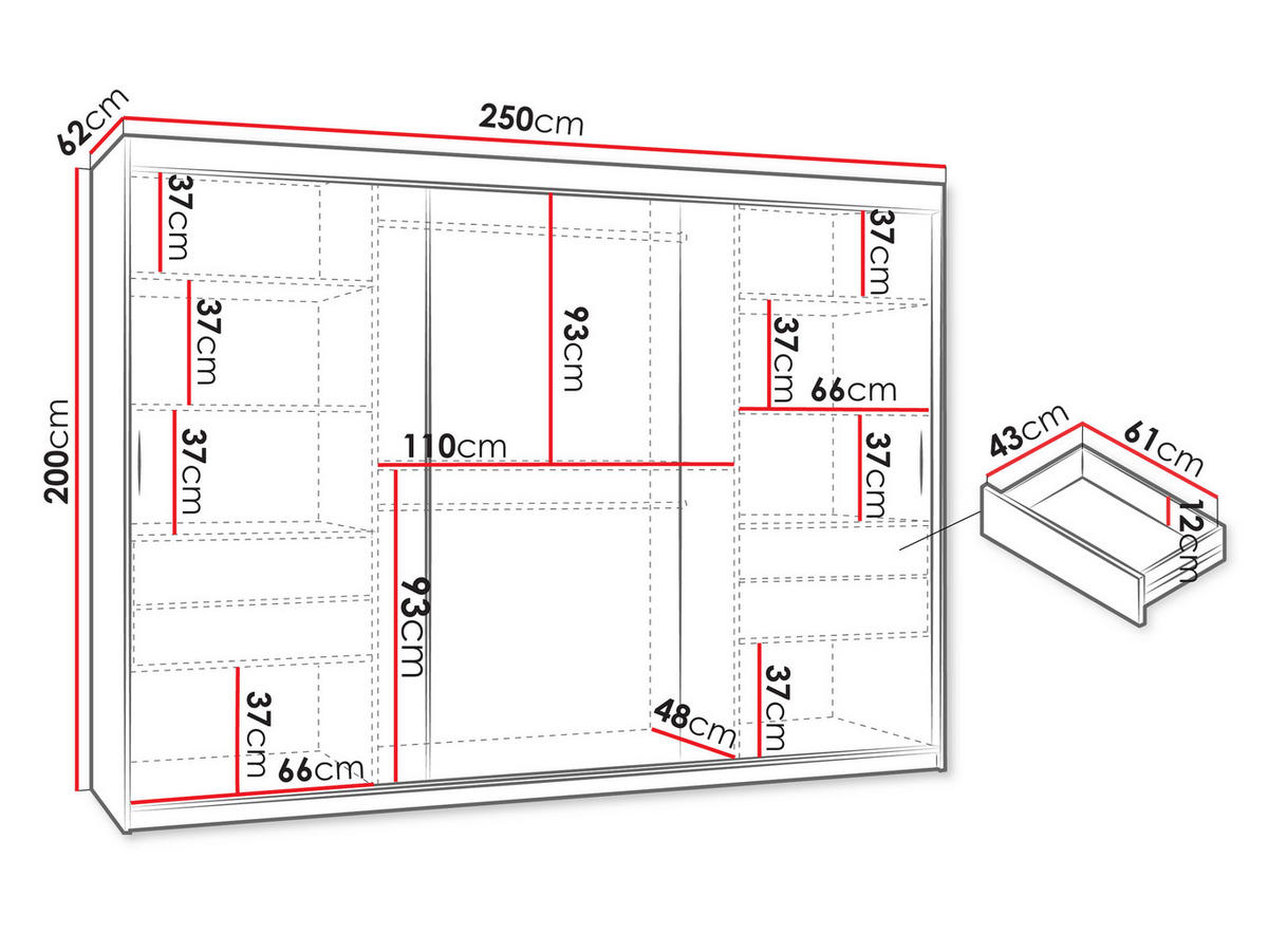 SCHWEBETÜRENSCHRANK Wika 250 cm mit Schubladen - Silberfarben/Weiß, Holzwerkstoff/Kunststoff (250/200/62cm) - MIRJAN24