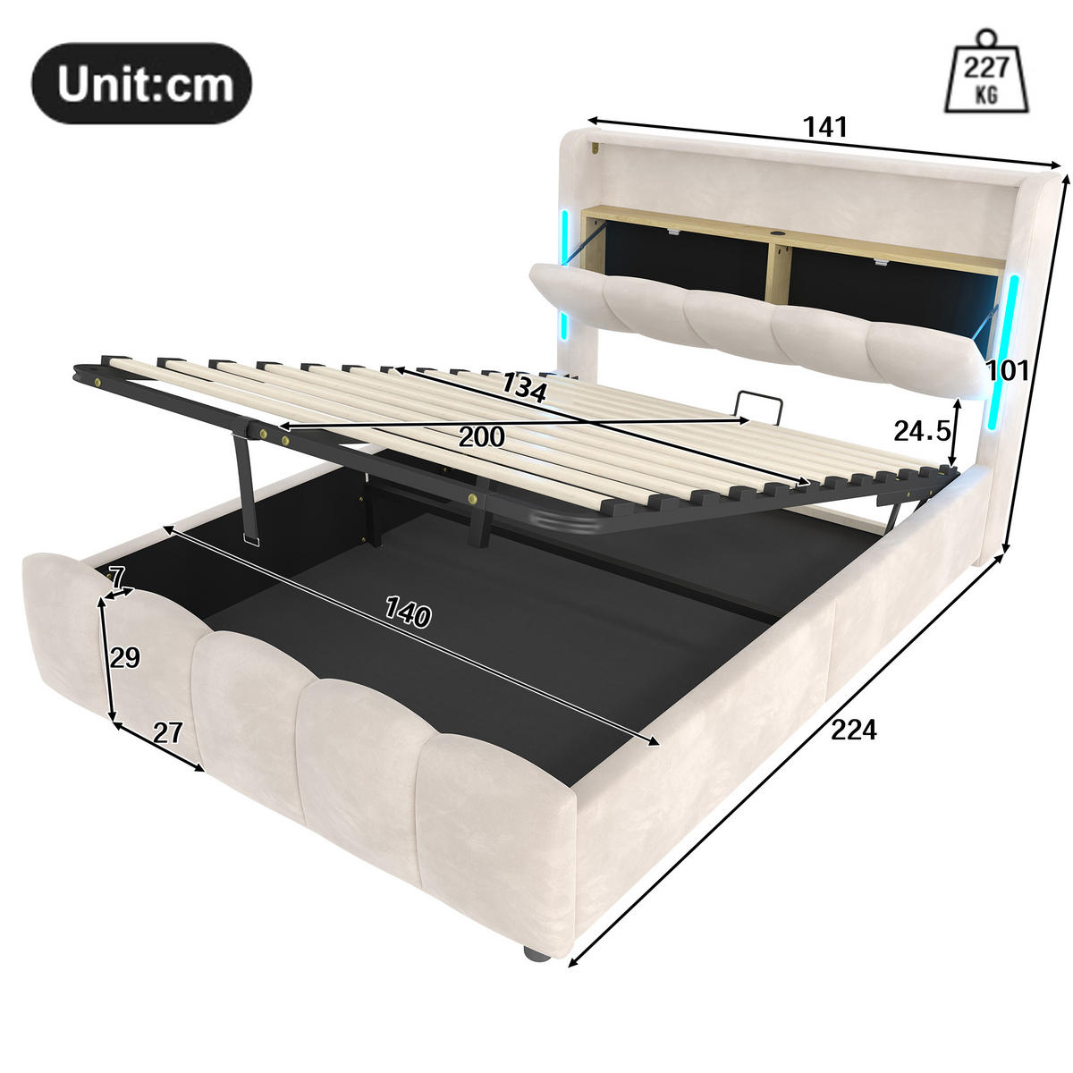 ČALÚNENÁ POSTEĽ 140/200 cm, béžová, zamatová, s úložným priestorom, LED osvetlením, USB a Type-C - béžová, kov/kompozitné drevo (140/200cm) - WISHDOR