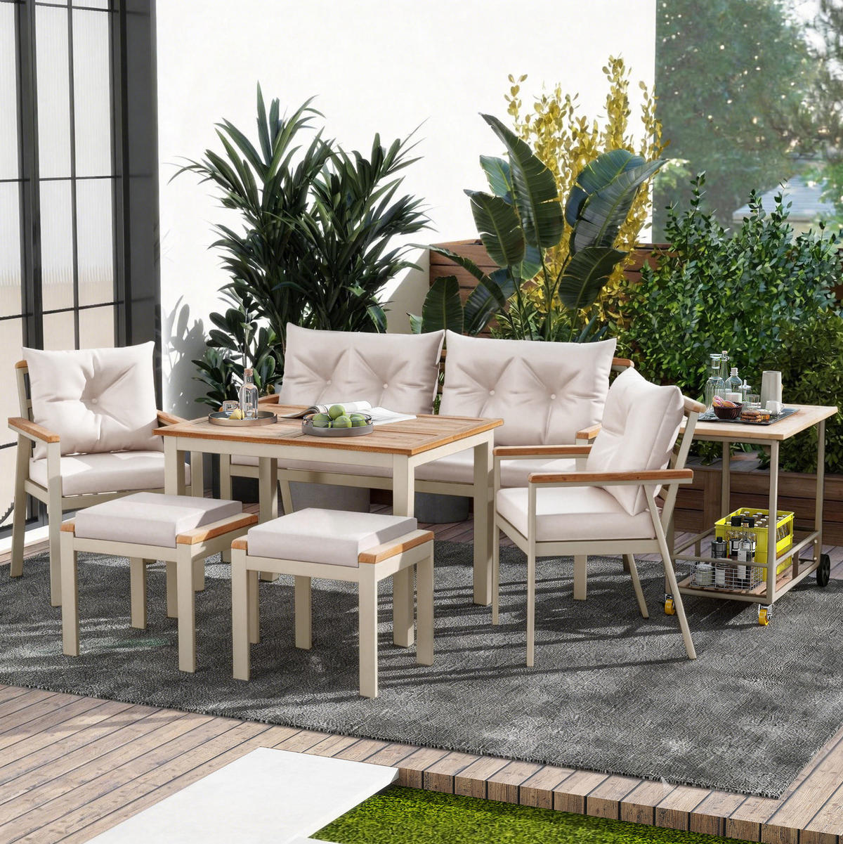GARTENSET aus Akazienholz Beige/Natur mit Servierwagen, wasserabweisenden Kissen und Rollen - Beige, Metall - Modfu