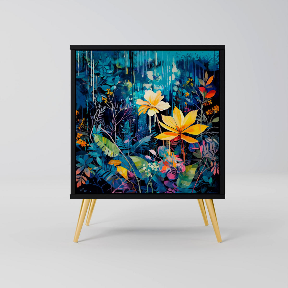 SIDEBOARD MIDNIGHT BLOSSOM, Schwarz, 57,5x42x72,5 cm, Schwarze Metallfüße - Multicolor/Schwarz, Holzwerkstoff/Metall (57.5/72.5/42cm) - SpaceRebels