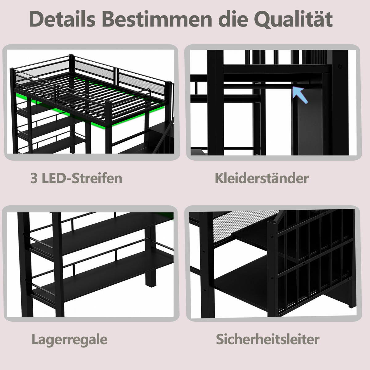 HOCHBETT 90/200 cm mit LED-Lichtleisten, Steckdose, Schreibtisch, Regal und Kleiderschrank, Schwarz - Schwarz, Holzwerkstoff (90/200cm) - Redom