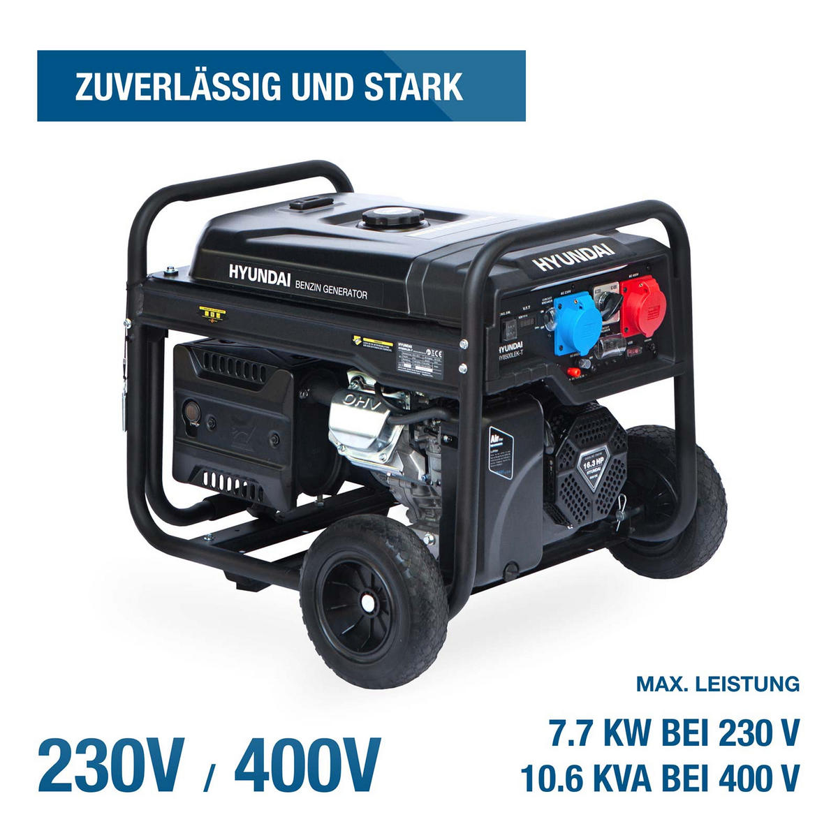 BENZIN Generator HY8500LEK-T (7.7 kW, Elektrostart, 1 x 230V + 1 x 400V, 16.3 PS) - Schwarz, Metall (75/75/65cm) - HYUNDAI