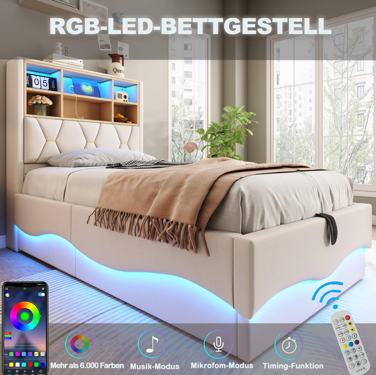 KINDERBETT 90/200 cm mit LED-Beleuchtung, USB-Anschluss, hydraulischem Stauraum und Leinenbezug, Beige - Beige, Metall (90/200cm) - Redom