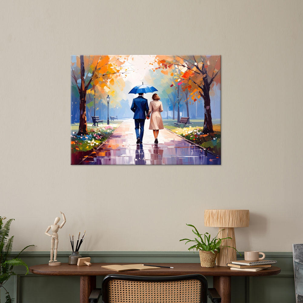 LEINWANDBILD Paar spaziert im Park 120x80cm - Multicolor, Textil (120/80cm) - Feeby