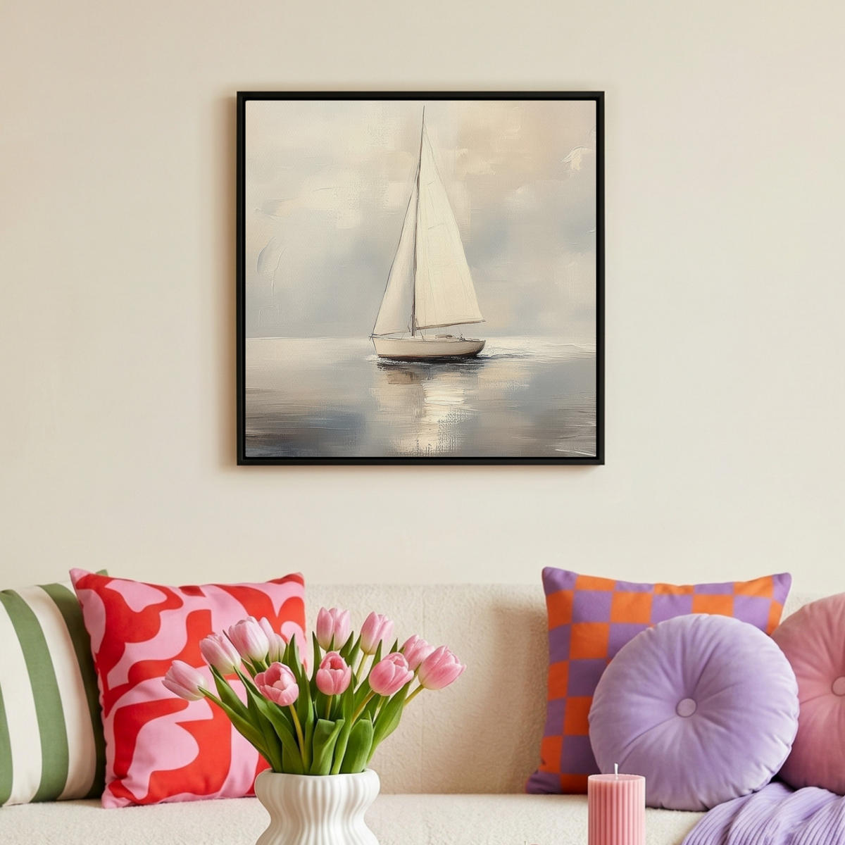 LEINWAND Bilder mit Rahmen - Segelschiff - Meer - Bewölkt - 50x50 - Creme, Textil (50/50cm) - MuchoWow
