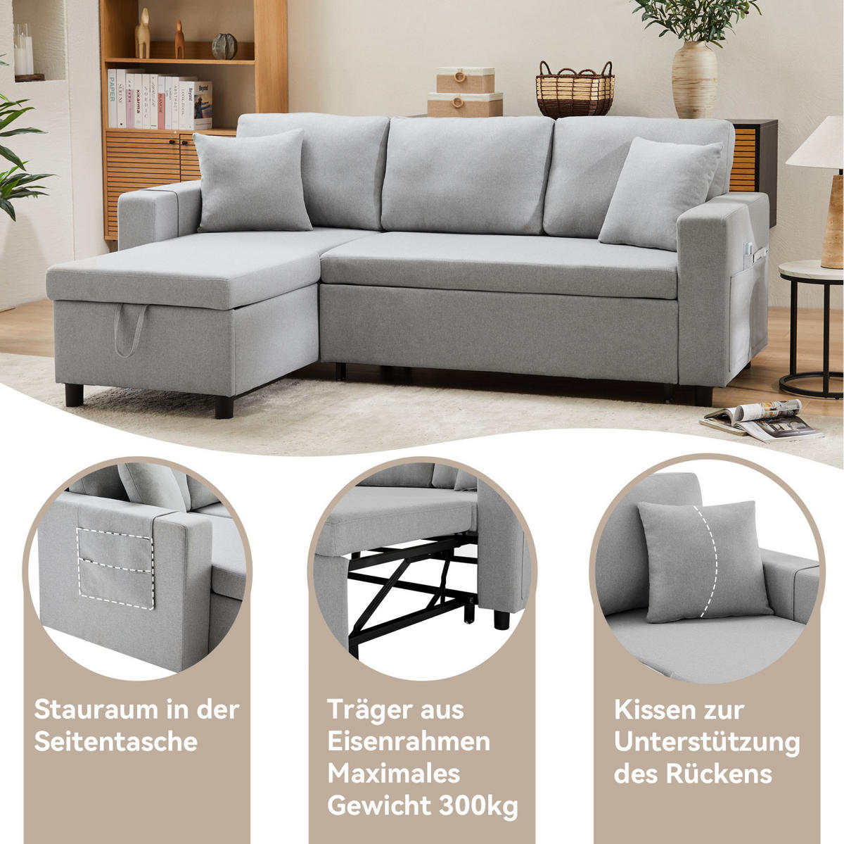 ECKSCHLAFSOFA Leinen mit Stauraum und wechselbarer Chaiselongue Grau 219,5/142,5/83 cm - Grau, Textil (83/142.5cm) - Redom