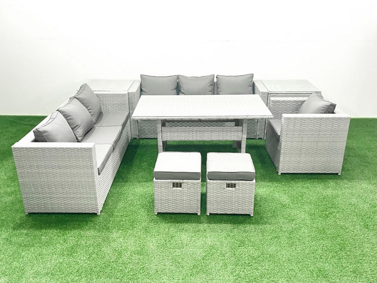 GARTENMÖBEL SET mit 3-Sitzer-Sofa und Sessel, Esstisch,2 Hockern,2 Beistelltischen Polyrattan Hellgrau 9-Sitzer - Hellgrau/Grau, Glas/Kunststoff - Fimous